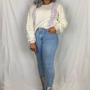 Vintage Open Knit Ivory Sweater w Lavender accent